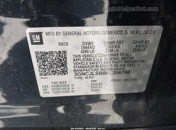 3GNCJLSB8KL356798 2019 CHEVROLET TRAX Black Շարժիչի բաժամունքի տեսք