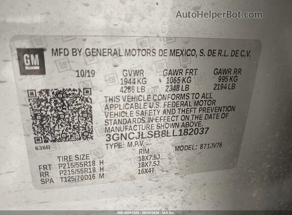 3GNCJLSB8LL182037 2020 CHEVROLET TRAX Silver ძრავის განყოფილების ხედი