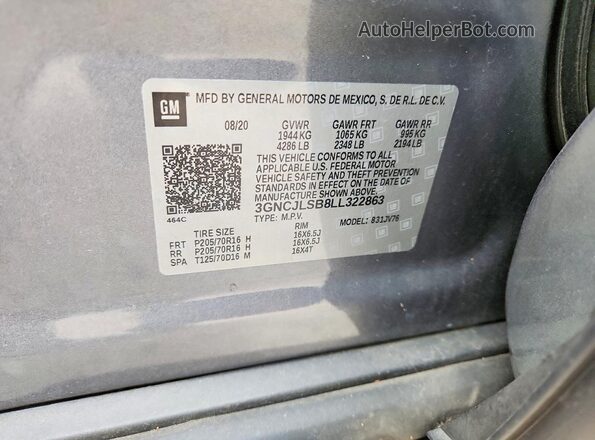 3GNCJLSB8LL322863 2020 CHEVROLET TRAX Gray VIN კოდის სტიკერის ხედი