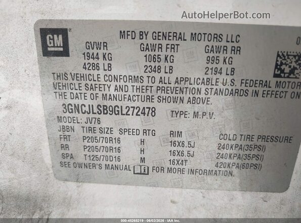 3GNCJLSB9GL272478 2016 CHEVROLET TRAX White Շարժիչի բաժամունքի տեսք