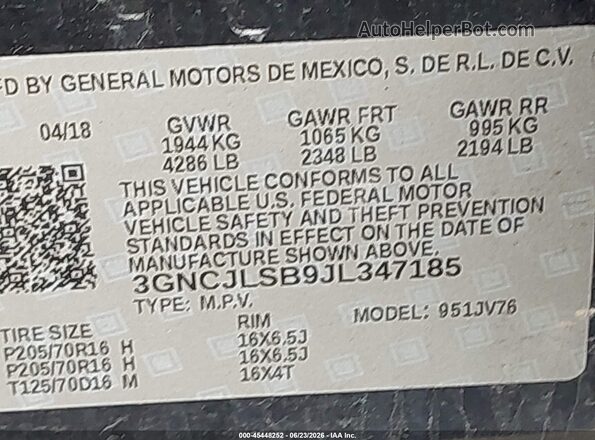 3GNCJLSB9JL347185 2018 CHEVROLET TRAX Black Vista del compartimento del motor