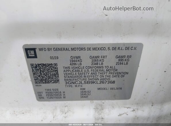 3GNCJLSB9KL267368 2019 CHEVROLET TRAX White Widok komory silnika