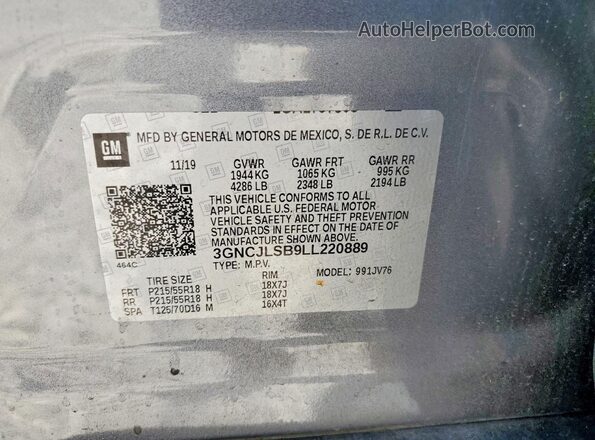 3GNCJLSB9LL220889 2020 CHEVROLET TRAX Gray Вид підкапотного простору