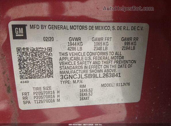 3GNCJLSB9LL263841 2020 CHEVROLET TRAX Red Engine compartment view