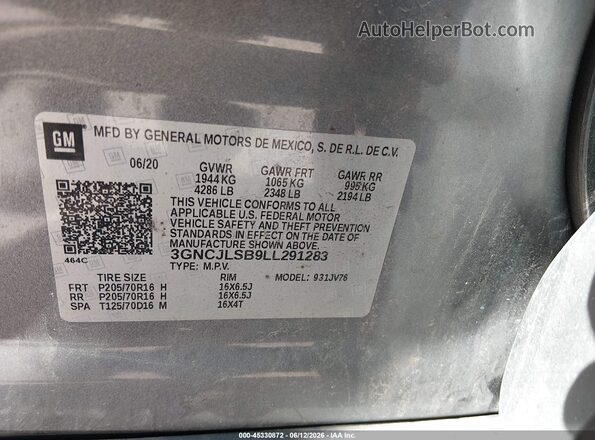 3GNCJLSB9LL291283 2020 CHEVROLET TRAX Gray ძრავის განყოფილების ხედი