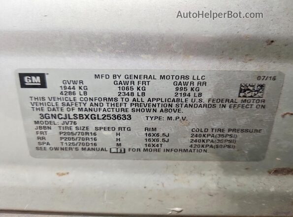 3GNCJLSBXGL253633 2016 CHEVROLET TRAX Silver 