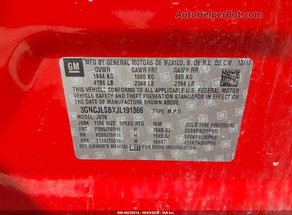 3GNCJLSBXJL191366 2018 CHEVROLET TRAX Red Շարժիչի բաժամունքի տեսք