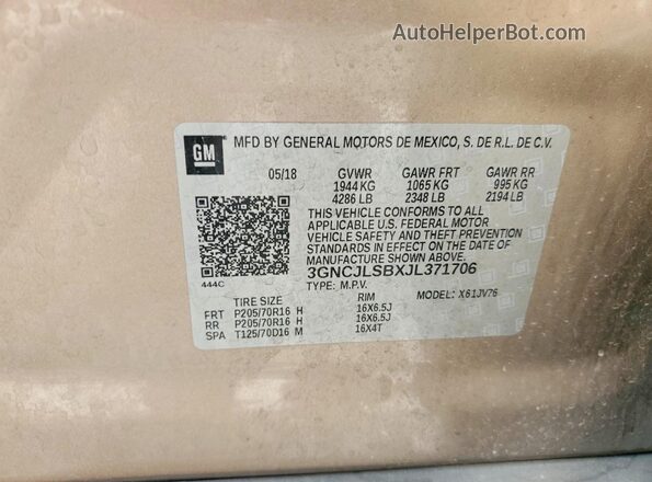 3GNCJLSBXJL371706 2018 CHEVROLET TRAX Tan Vista del compartimento del motor