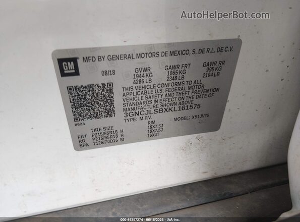 3GNCJLSBXKL161575 2019 CHEVROLET TRAX White Շարժիչի բաժամունքի տեսք