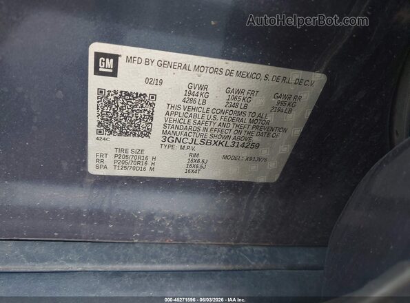 3GNCJLSBXKL314259 2019 CHEVROLET TRAX Dark Blue Вид підкапотного простору