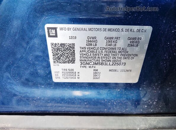 3GNCJMSB1LL225073 2020 CHEVROLET TRAX Blue VIN sticker view