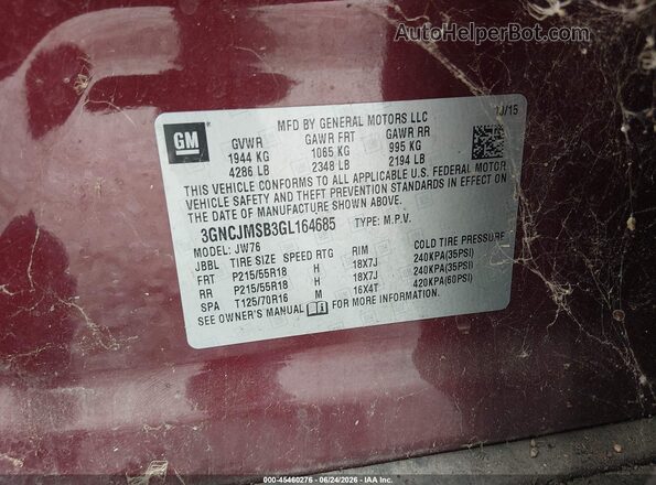 3GNCJMSB3GL164685 2016 CHEVROLET TRAX Maroon Շարժիչի բաժամունքի տեսք