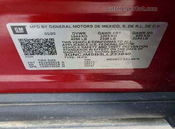 3GNCJMSB3LL233840 2020 CHEVROLET TRAX Red 