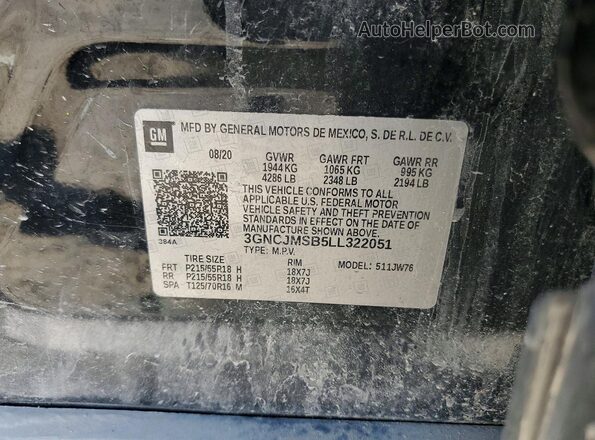 3GNCJMSB5LL322051 2020 CHEVROLET TRAX Black VIN կոդի պիտակի տեսք