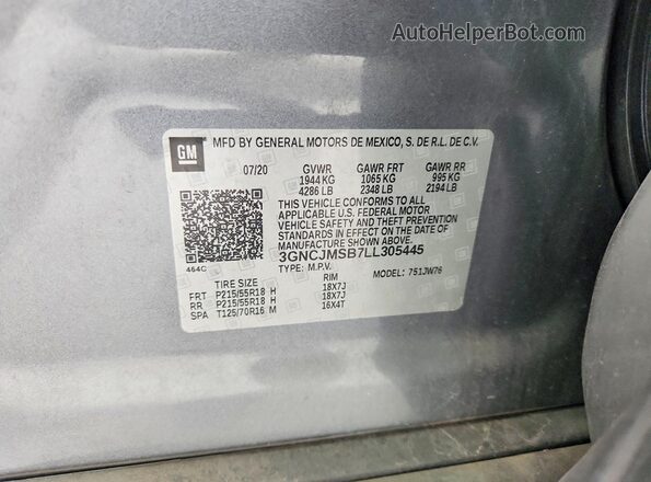 3GNCJMSB7LL305445 2020 CHEVROLET TRAX Gray ძრავის განყოფილების ხედი