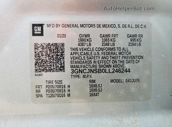 3GNCJNSB0LL246244 2020 CHEVROLET TRAX Silver VIN sticker view