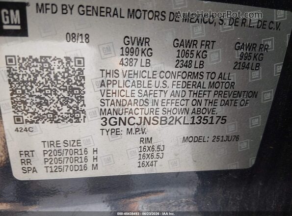 3GNCJNSB2KL135175 2019 CHEVROLET TRAX Blue Vista del compartimento del motor