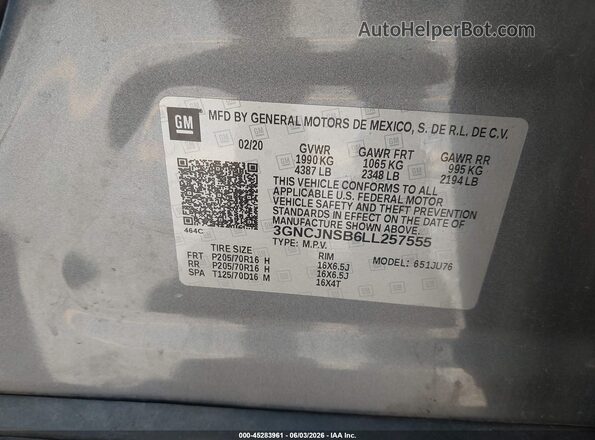 3GNCJNSB6LL257555 2020 CHEVROLET TRAX Серый Вид подкапотного пространства