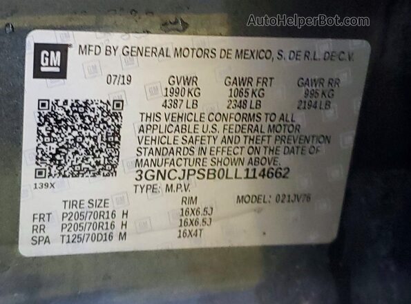 3GNCJPSB0LL114662 2020 CHEVROLET TRAX Серый Панорамный вид салона 360°