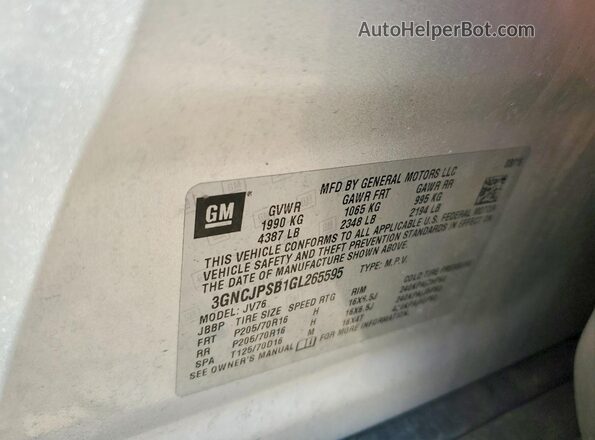 3GNCJPSB1GL265595 2016 CHEVROLET TRAX Silver Вид наклейки з VIN-кодом
