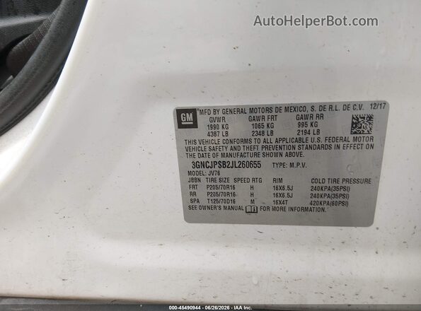 3GNCJPSB2JL260655 2018 CHEVROLET TRAX White Շարժիչի բաժամունքի տեսք
