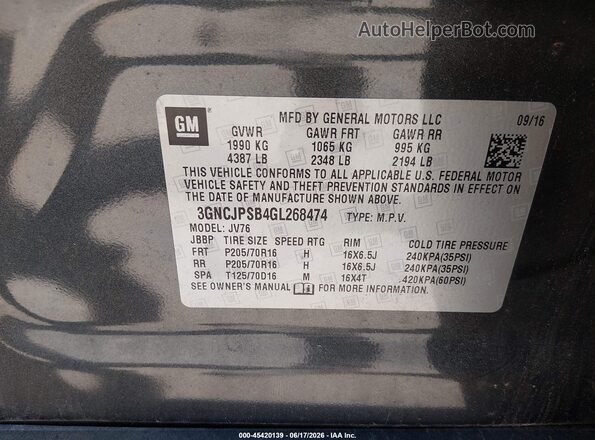 3GNCJPSB4GL268474 2016 CHEVROLET TRAX Gray 