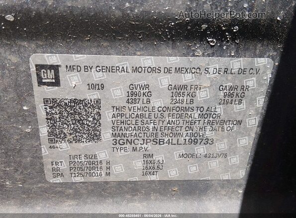 3GNCJPSB4LL199733 2020 CHEVROLET TRAX Gray Vista del compartimento del motor