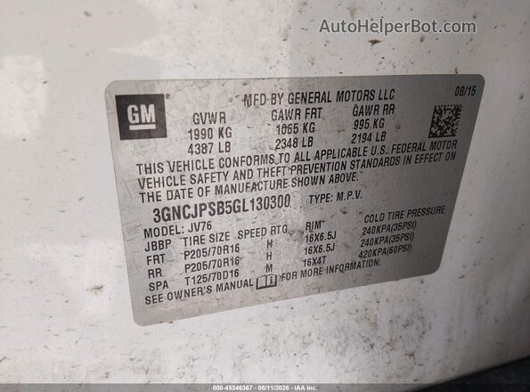 3GNCJPSB5GL130300 2016 CHEVROLET TRAX White Շարժիչի բաժամունքի տեսք