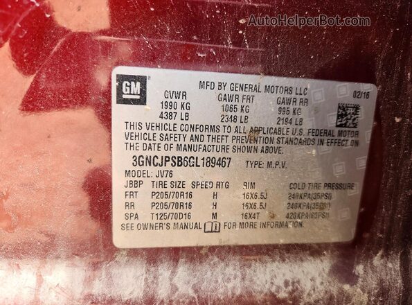 3GNCJPSB6GL189467 2016 CHEVROLET TRAX Burgundy Vista de la etiqueta del VIN