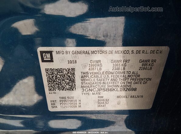3GNCJPSB6KL192698 2019 CHEVROLET TRAX Blue Շարժիչի բաժամունքի տեսք