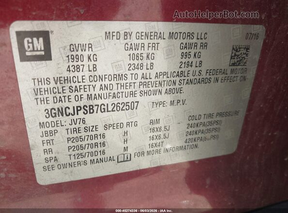 3GNCJPSB7GL262507 2016 CHEVROLET TRAX Burgundy Engine compartment view