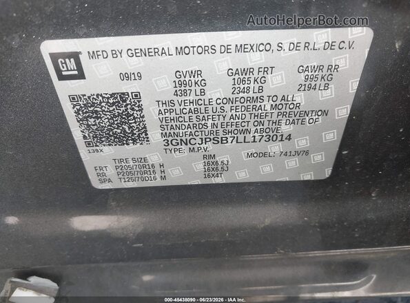 3GNCJPSB7LL173014 2020 CHEVROLET TRAX Gray Вид підкапотного простору