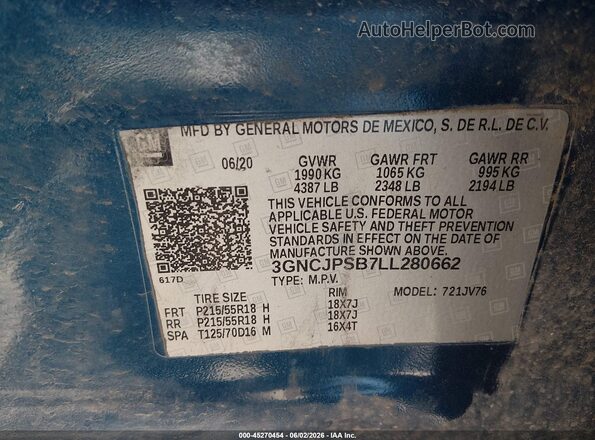 3GNCJPSB7LL280662 2020 CHEVROLET TRAX Blue Вид підкапотного простору