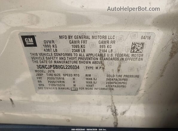3GNCJPSB8GL226034 2016 CHEVROLET TRAX Beige Vista del compartimento del motor