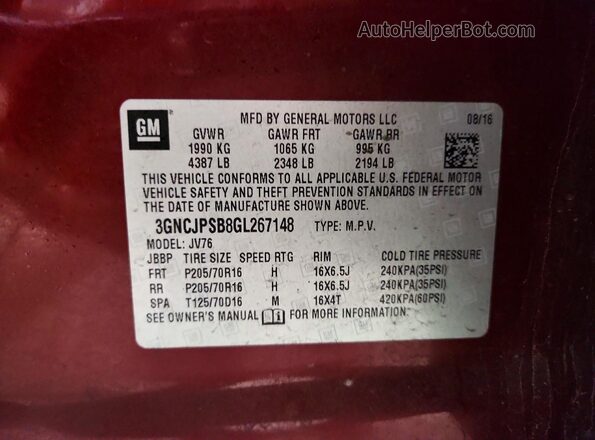 3GNCJPSB8GL267148 2016 CHEVROLET TRAX Red VIN կոդի պիտակի տեսք