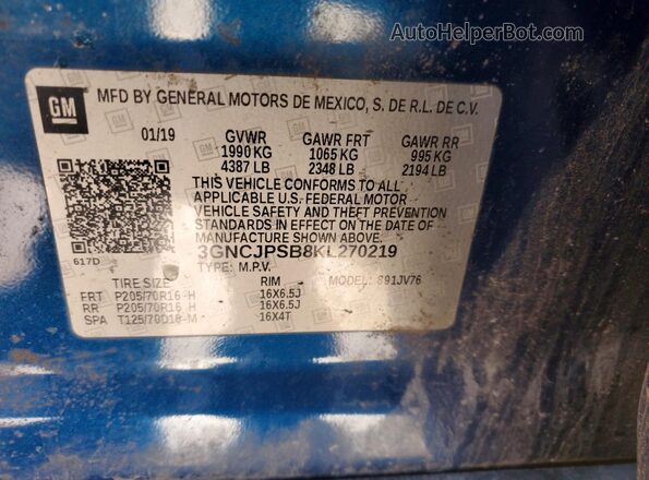 3GNCJPSB8KL270219 2019 CHEVROLET TRAX Blue VIN sticker view