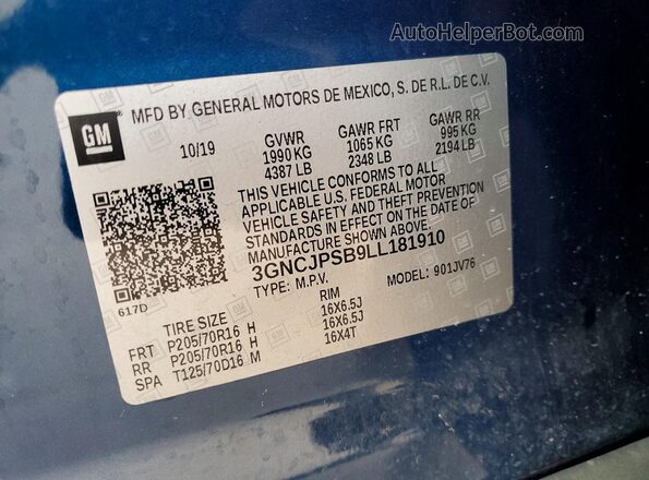 3GNCJPSB9LL181910 2020 CHEVROLET TRAX Blue VIN sticker view