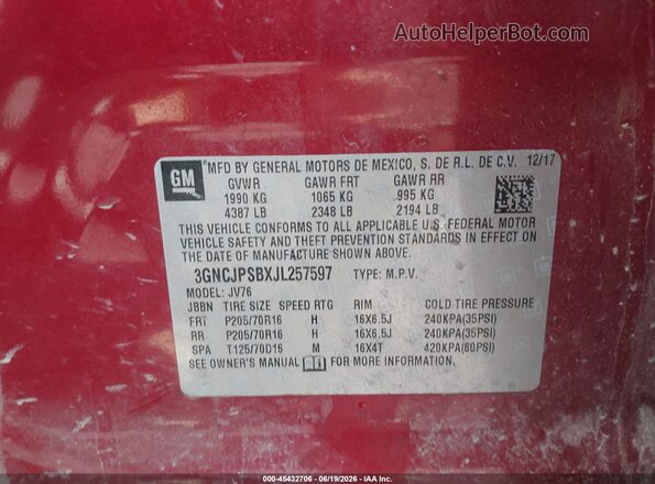 3GNCJPSBXJL257597 2018 CHEVROLET TRAX Red Շարժիչի բաժամունքի տեսք