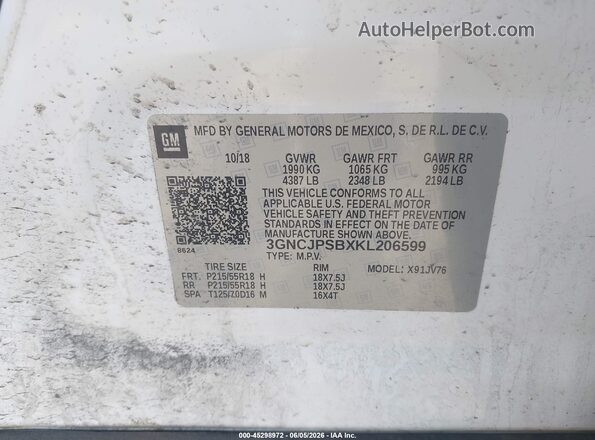 3GNCJPSBXKL206599 2019 CHEVROLET TRAX White Vista del compartimento del motor