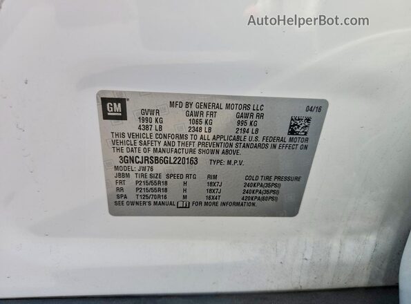 3GNCJRSB6GL220163 2016 CHEVROLET TRAX White Engine compartment view
