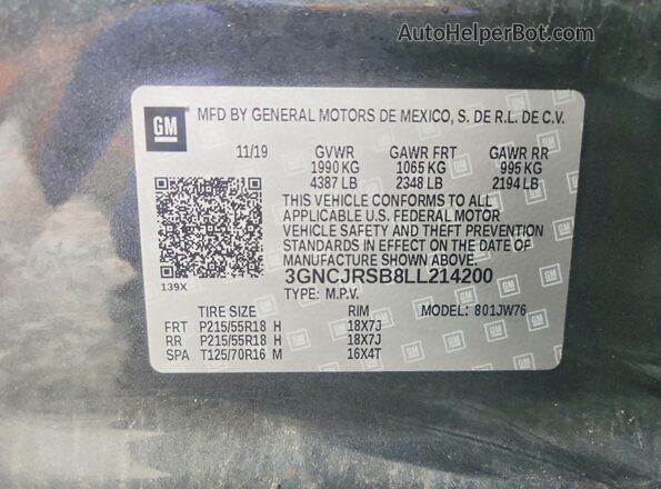 3GNCJRSB8LL214200 2020 CHEVROLET TRAX Gray 