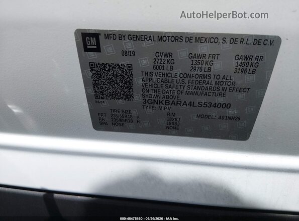 3GNKBARA4LS534000 2020 CHEVROLET BLAZER Белый Вид подкапотного пространства