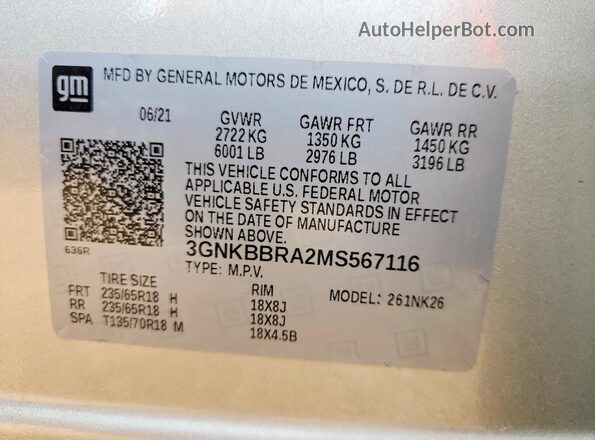 3GNKBBRA2MS567116 2021 CHEVROLET BLAZER Silver Vista interior de 360 grados