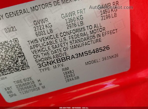 3GNKBBRA3MS548526 2021 CHEVROLET BLAZER Red Շարժիչի բաժամունքի տեսք