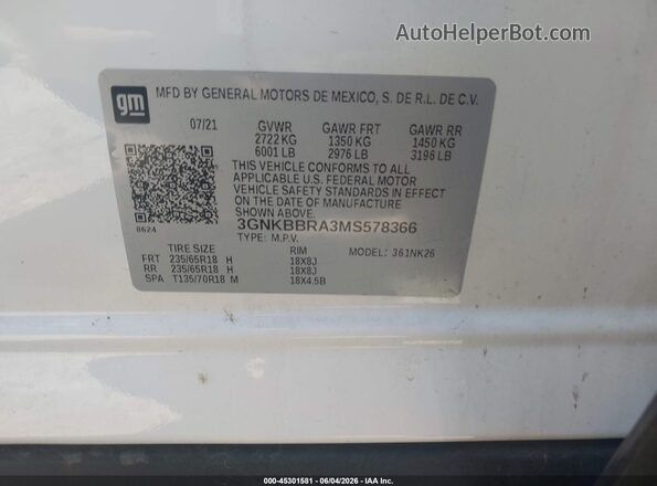 3GNKBBRA3MS578366 2021 CHEVROLET BLAZER White 