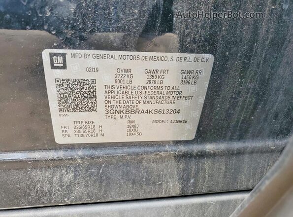 3GNKBBRA4KS613204 2019 CHEVROLET BLAZER Black VIN sticker view