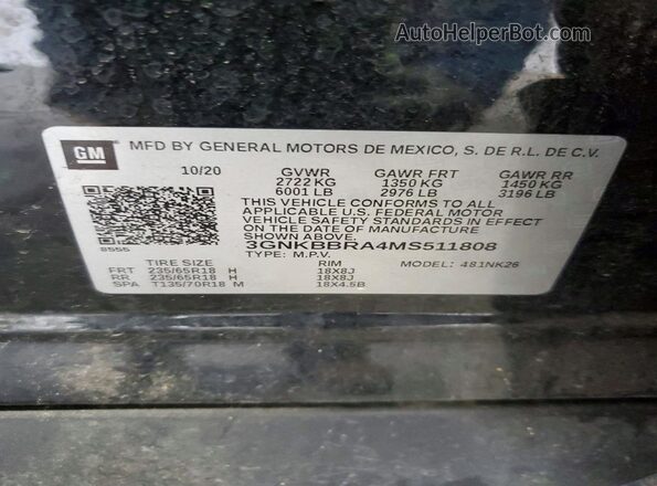3GNKBBRA4MS511808 2021 CHEVROLET BLAZER Black VIN კოდის სტიკერის ხედი