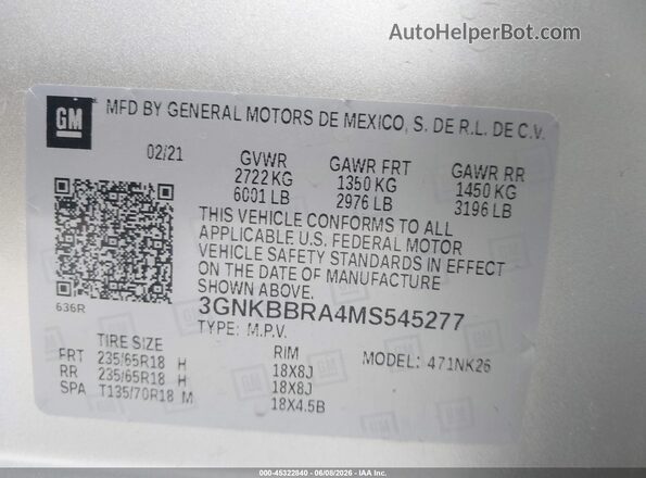 3GNKBBRA4MS545277 2021 CHEVROLET BLAZER Silver ძრავის განყოფილების ხედი