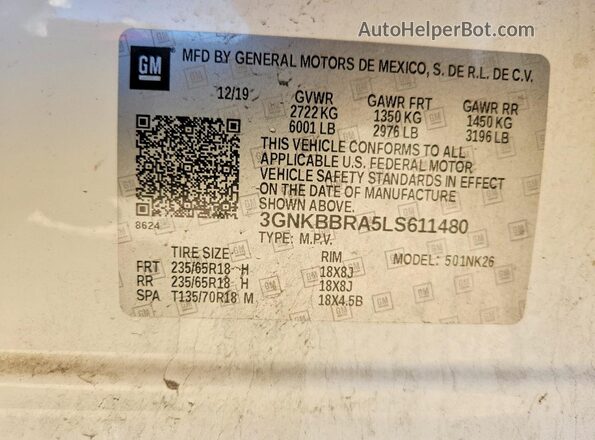 3GNKBBRA5LS611480 2020 CHEVROLET BLAZER White VIN sticker view