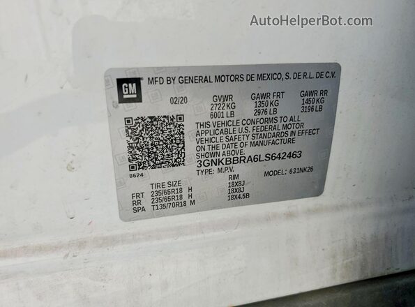 3GNKBBRA6LS642463 2020 CHEVROLET BLAZER Белый Вид наклейки с VIN-кодом